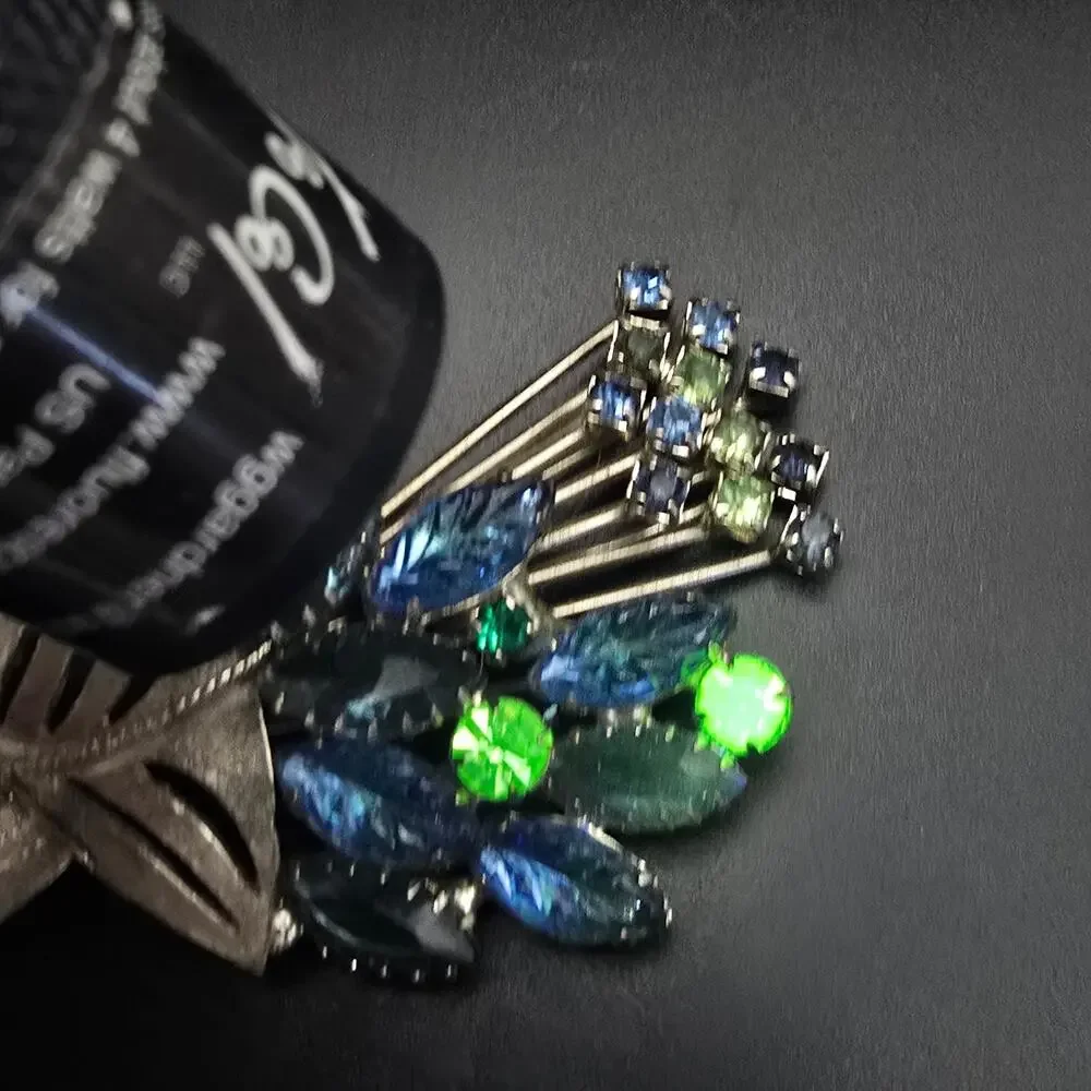 Blue Green Rhinestone Bouquet Brooch UV Glow Vintage Costume Jewelry